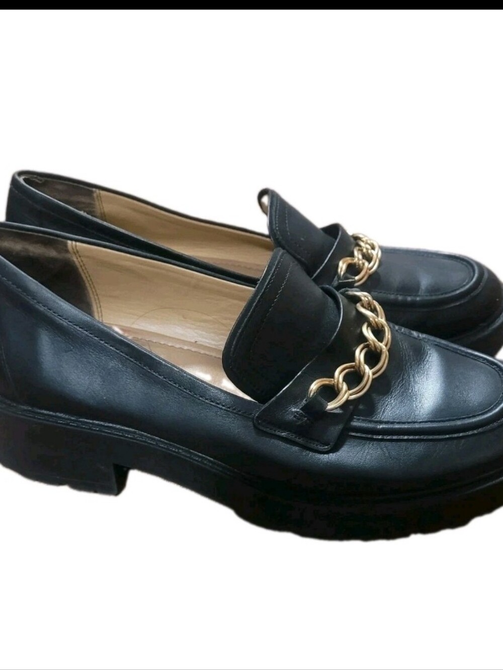 Sam Edelman Taelor Black Leather Chunky Heel Loafers Lug Sole Chain Women’s 8.5M